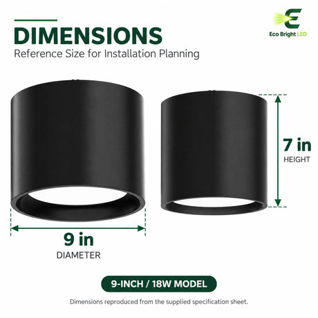 Black 9-inch 18W cylinder downlight dimensions showing 9 in diameter and 7 in height
