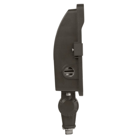 Side view of black adjustable LED flood light with knuckle mount for outdoor security lighting