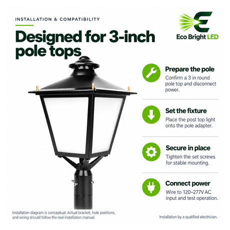 Decorative black LED post top light installation diagram for 3-inch pole tops with mounting and wiring steps
