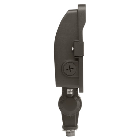 Side view of a black knuckle mount LED flood light housing with adjustable mounting hardware