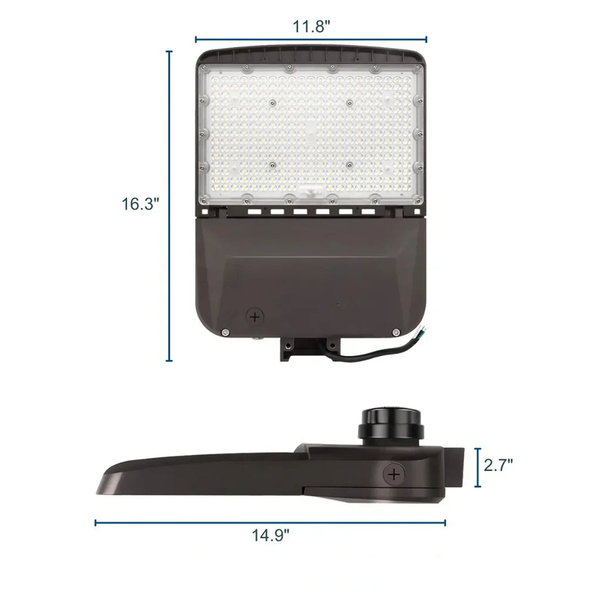 Black LED area light with adjustable head and side view showing mounting arm and dimensions