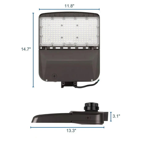 Black LED area light shown front and side views with dimensions for parking lot and outdoor security lighting