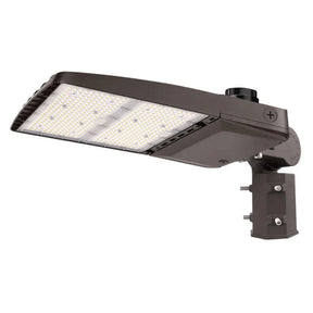 Black LED area light with selectable wattage and adjustable mounting arm for parking lot lighting