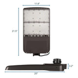 Black LED area light with two-panel lens layout and shown dimensions for parking lot mounting