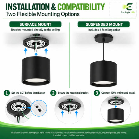 Black cylinder LED downlight installation diagram showing surface mount and suspended mount options