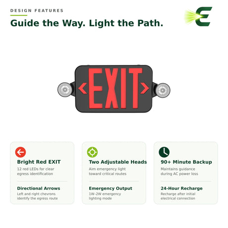 Black LED exit sign combo with bright red lettering, directional arrows, and two adjustable emergency light heads