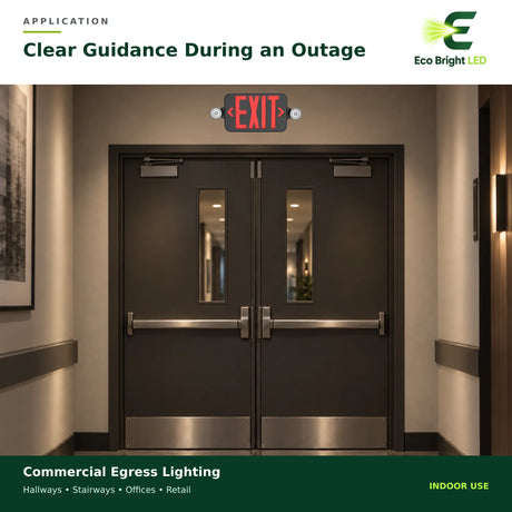 Black LED exit sign combo mounted above commercial double doors for indoor egress lighting