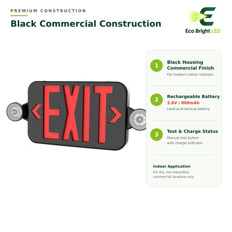 Black LED exit sign combo with dual emergency lights, rechargeable battery, test button, and indoor commercial use