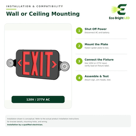 Black LED exit sign combo with dual emergency light heads shown for wall or ceiling mounting and 120V or 277V AC use