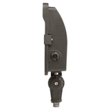 Side view of a black LED flood light with adjustable knuckle mount for outdoor security lighting