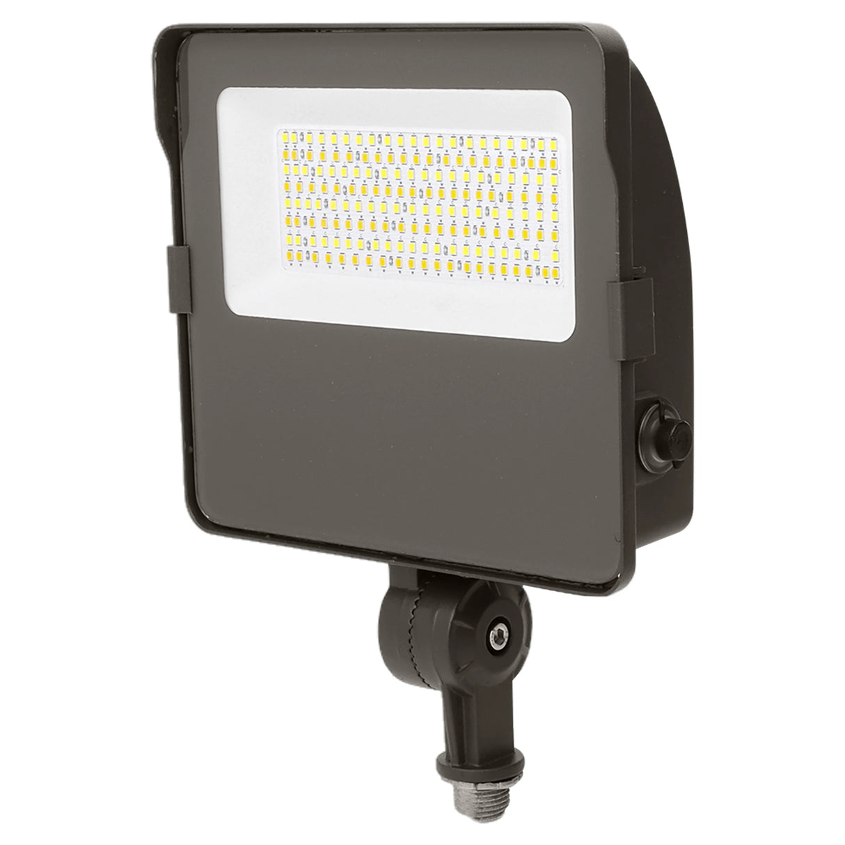 Black LED flood light with knuckle mount and adjustable head for outdoor security lighting