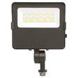 Black LED flood light with rectangular housing, integrated LED panel, and knuckle mount on a white background
