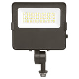 Black LED flood light with rectangular housing, integrated LED panel, and knuckle mount on a white background