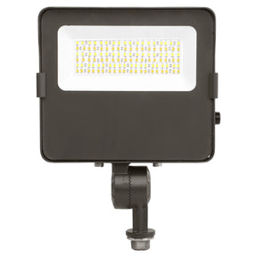 Black LED flood light with rectangular housing, integrated LED panel, and knuckle mount on a white background