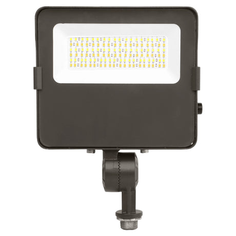 Black LED flood light with rectangular housing, integrated LED panel, and knuckle mount on a white background