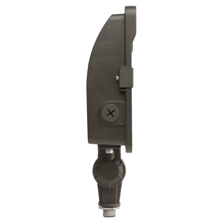 Side view of a black LED flood light with knuckle mount and adjustable housing