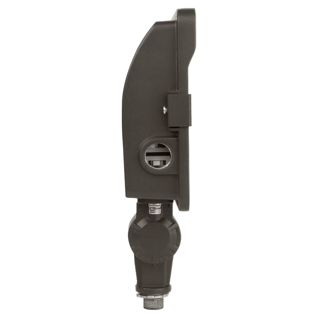 Side view of a black LED flood light with knuckle mount for outdoor security lighting