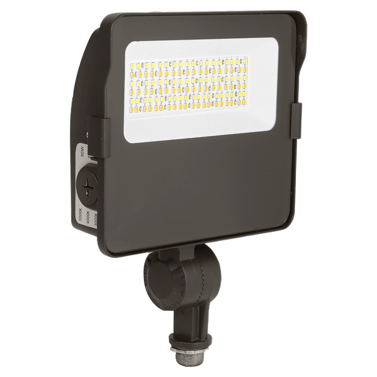 black led flood light with selectable color temperature and knuckle mount on white background
