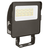 Black LED flood light with selectable CCT panel, trunnion mount, and front LED array