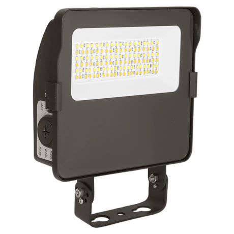 Black LED flood light with selectable CCT panel, trunnion mount, and front LED array