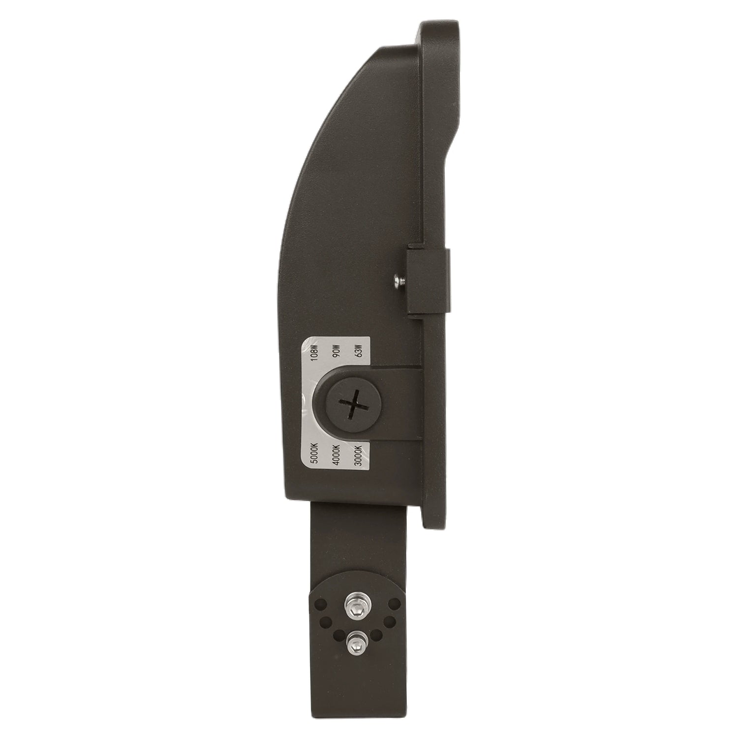 Side view of a black LED flood light with selectable wattage and color temperature labels on the housing