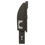 Side view of a black LED flood light with selectable wattage and color temperature labels on the housing