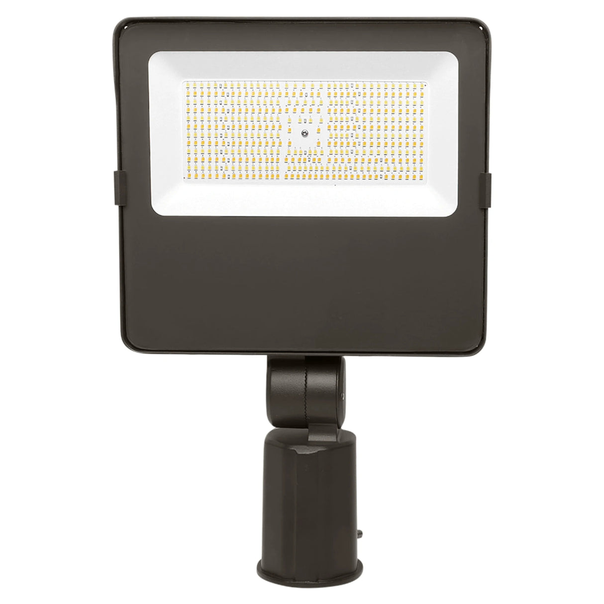 Front view of a black LED flood light with slipfitter mount and rectangular LED panel