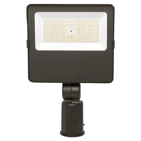 Front view of a black LED flood light with slipfitter mount and rectangular LED panel