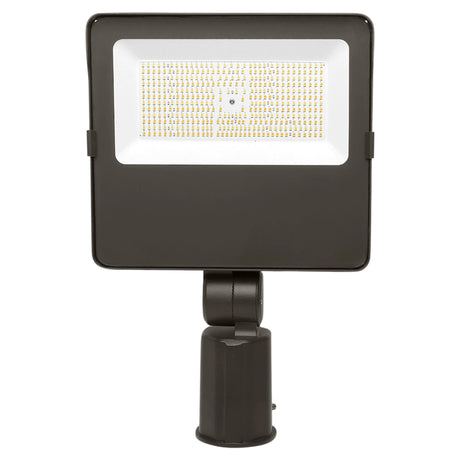 Front view of a black LED flood light with slipfitter mount and rectangular LED panel
