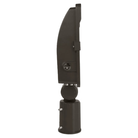 side view of black led flood light with slipfitter mount and adjustable housing