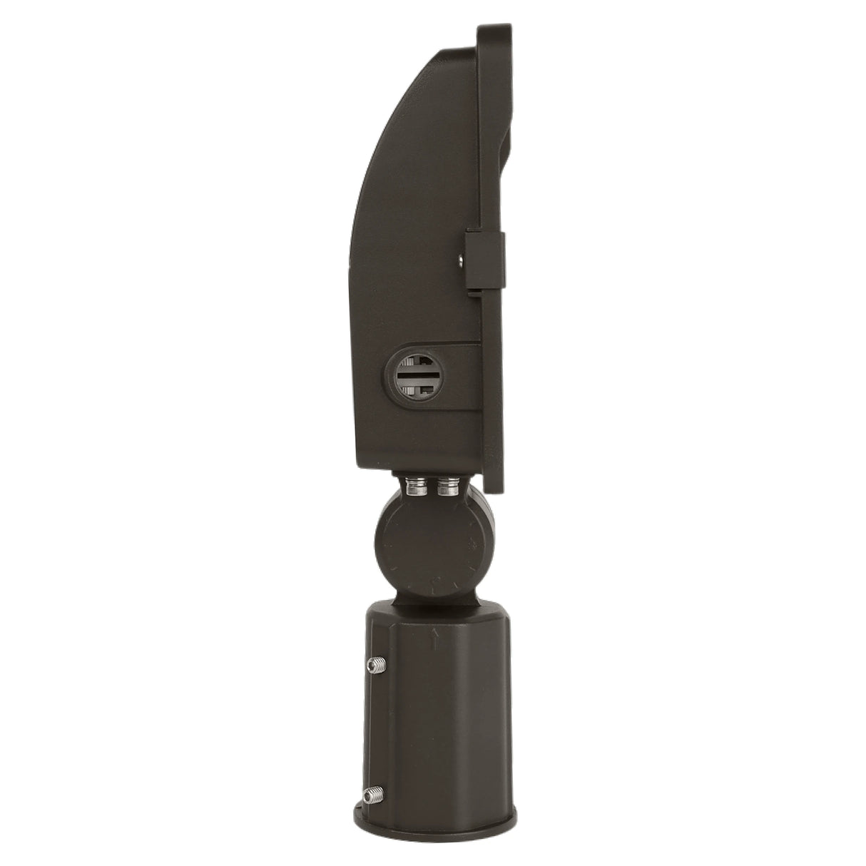 Side view of a black LED flood light with slipfitter mount and adjustable housing