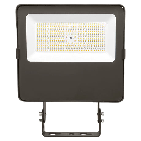 Front view of a black LED flood light with trunnion mount and rectangular LED panel