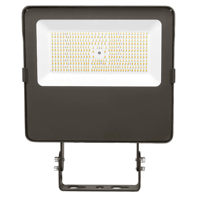 Front view of a black LED flood light with trunnion mount and rectangular LED panel