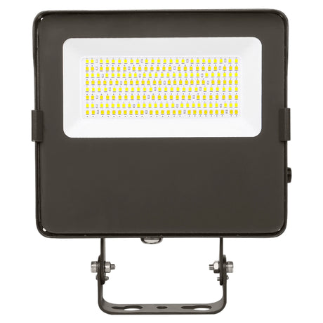 Black LED flood light with integrated panel and trunnion mount for outdoor security lighting