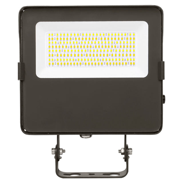 Black LED flood light with integrated panel and trunnion mount for outdoor security lighting