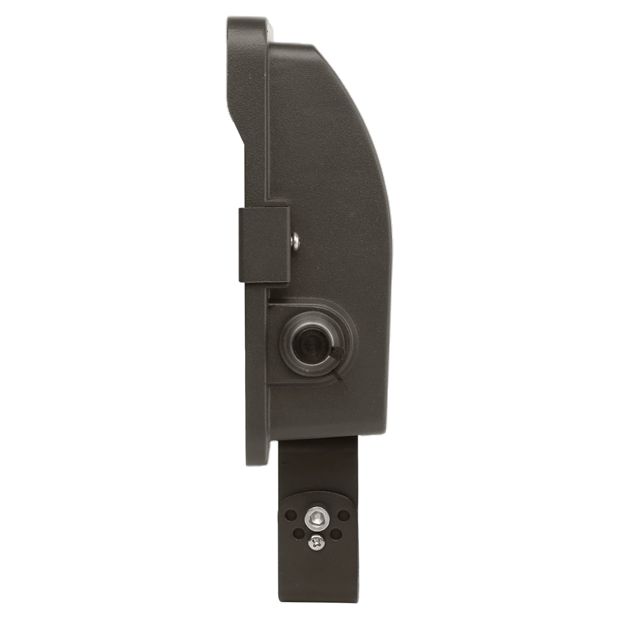 Side view of a black LED flood light with trunnion mount and photocell sensor housing