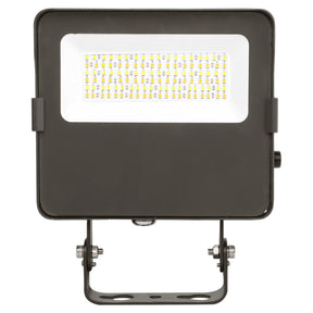 Black LED flood light with rectangular lens and trunnion mount for outdoor security lighting