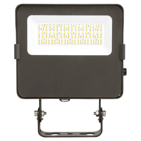 Black LED flood light with rectangular lens and trunnion mount for outdoor security lighting