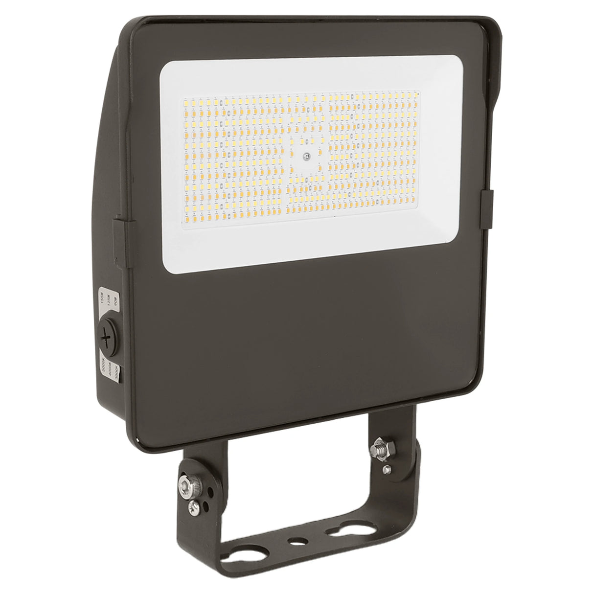 Black LED flood light with selectable CCT and trunnion mount, shown with front light panel and adjustable bracket