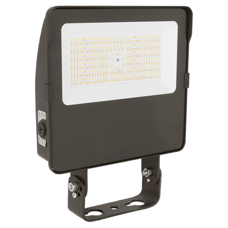 Black LED flood light with selectable CCT and trunnion mount, shown with front light panel and adjustable bracket