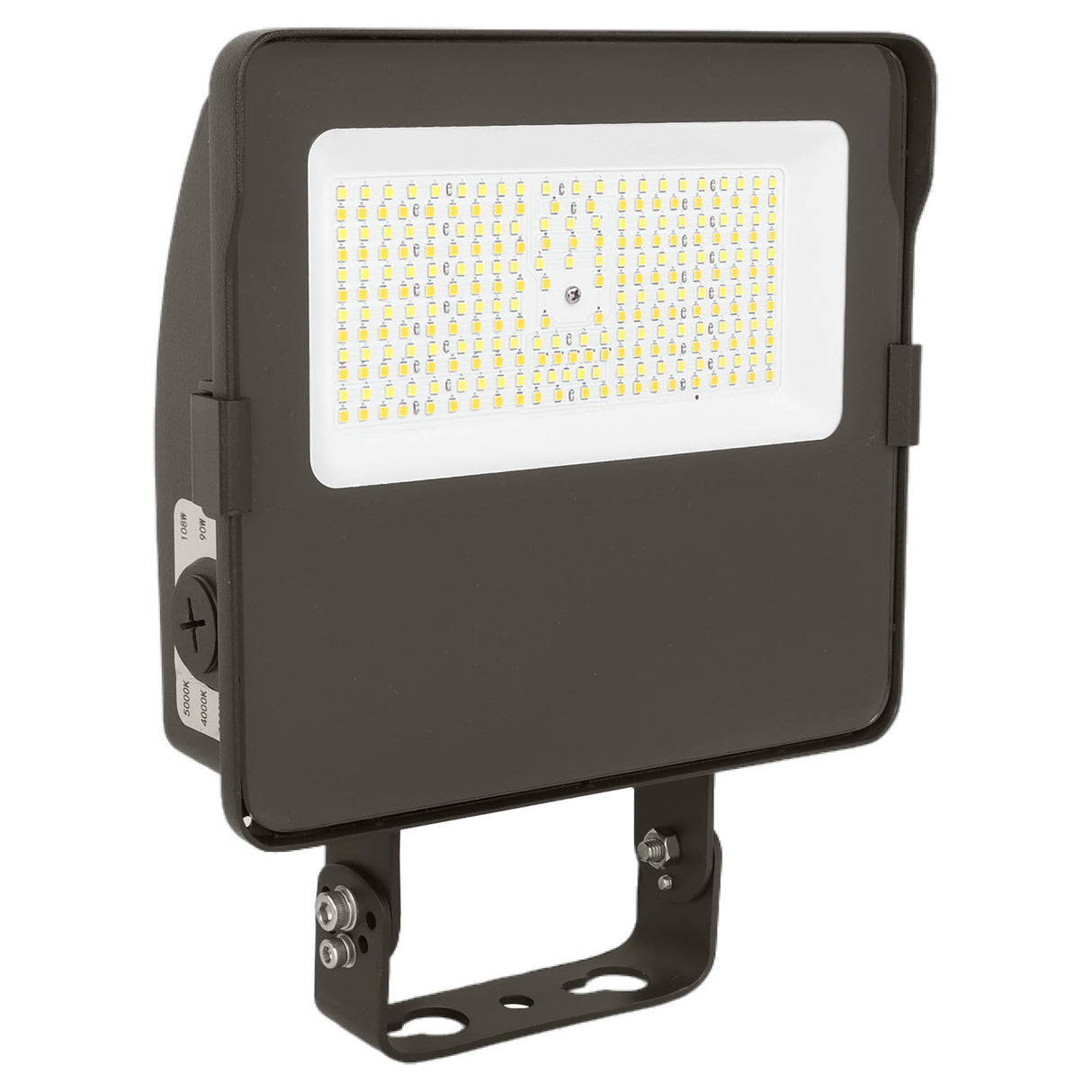 Black LED flood light with trunnion mount and selectable wattage and color temperature controls