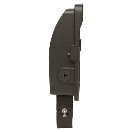 side view of a black led flood light with trunnion mount and adjustable housing