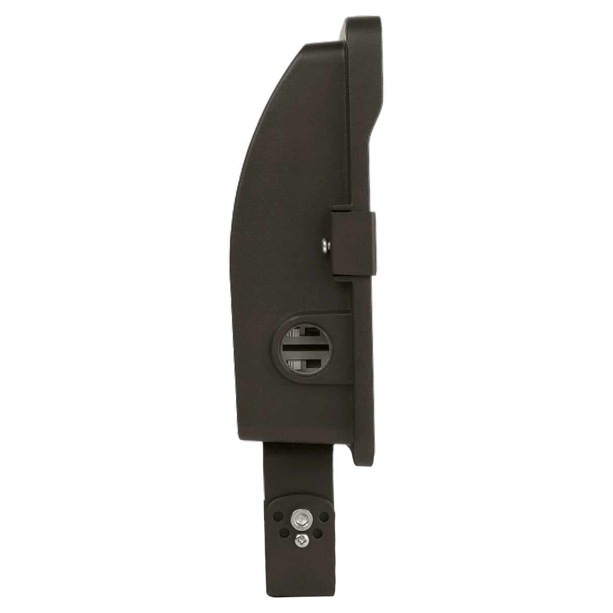 side view of a black led flood light with trunnion mount and photocell sensor housing