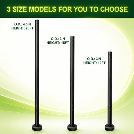 Three black round steel light poles shown in 10 ft, 15 ft, and 20 ft sizes for parking lots