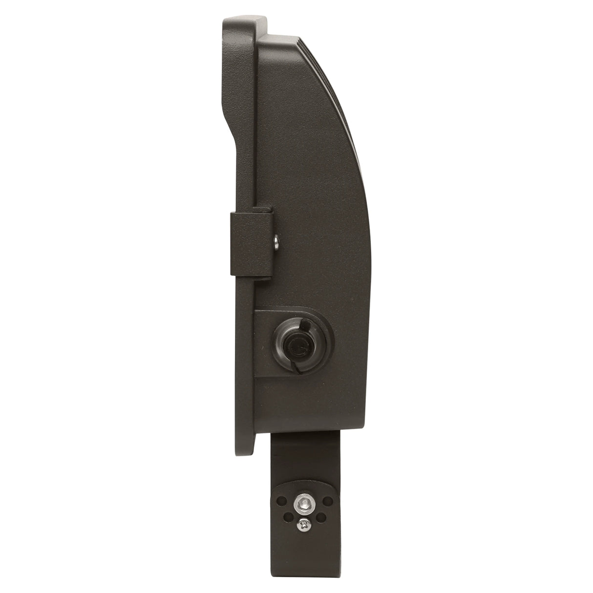 side view of a black selectable led flood light with trunnion mount and photocell sensor