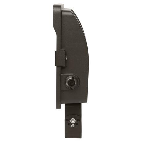 side view of a black selectable led flood light with trunnion mount and photocell sensor