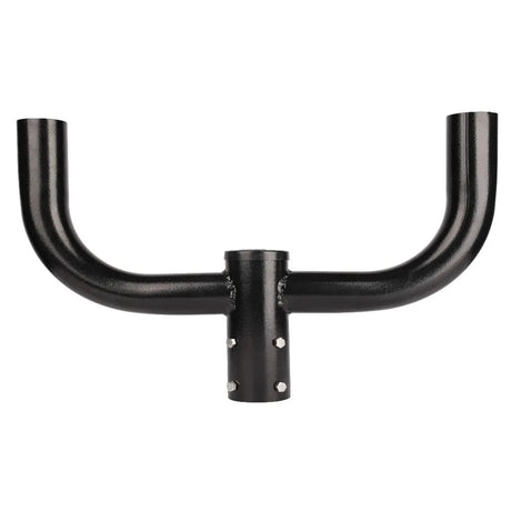 Black steel 2-arm bullhorn bracket with 2-3/8 in tenon for area and flood lights, slip fitter compatible