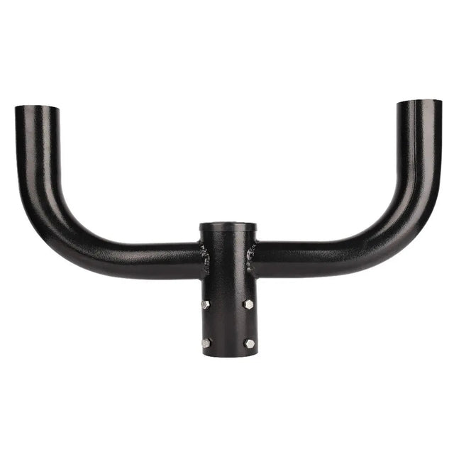 Black steel 2-arm bullhorn bracket with 2-3/8 in tenon for area and flood lights, slip fitter compatible