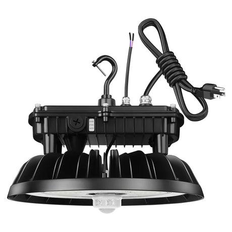 black ufo led high bay light with adjustable wattage, power cord, and hanging hook on white background