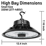 Black UFO LED high bay light with hook mount, shown with 12.4 inch width and 7.16 inch height dimensions